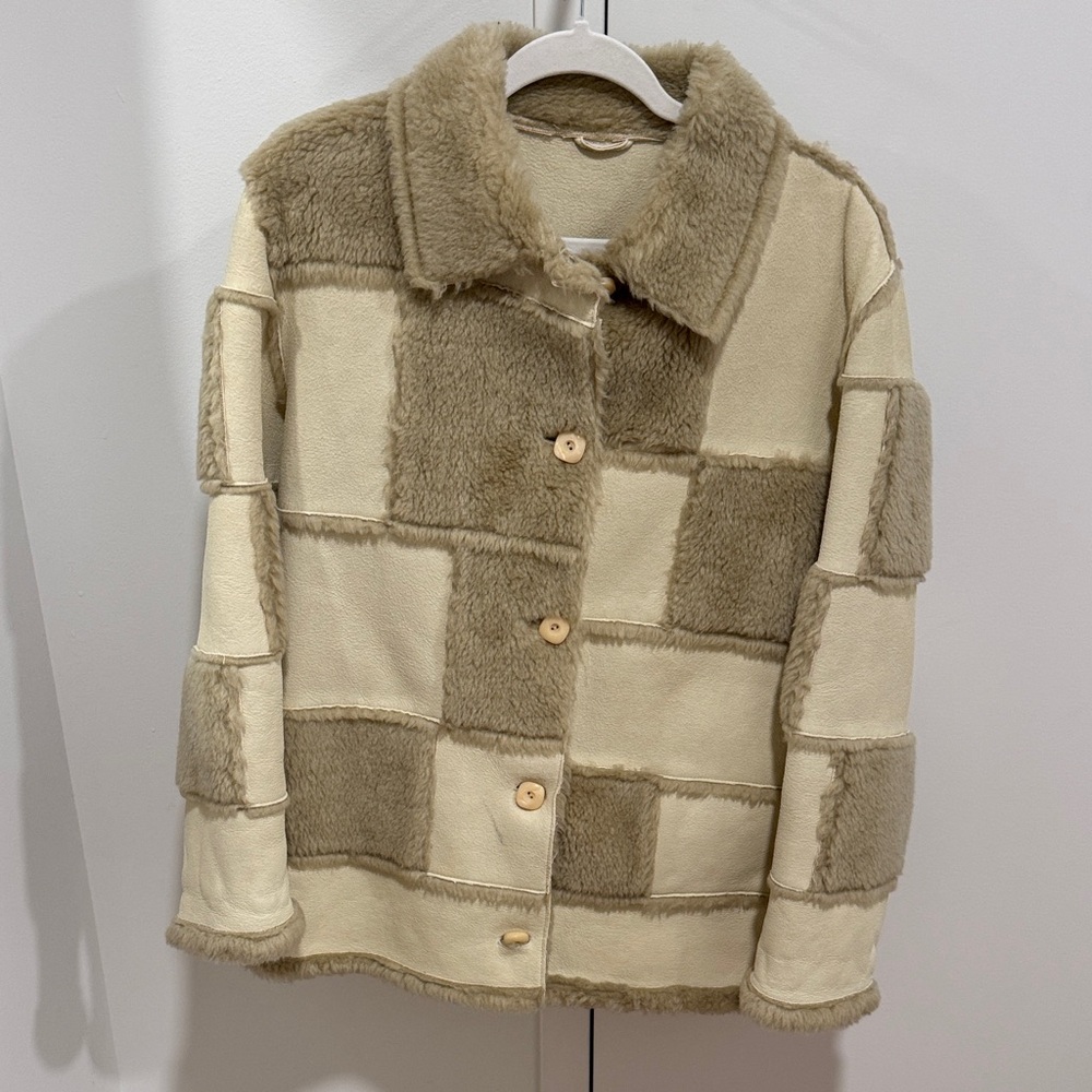 Patchwork Italian Faux Fur Vintage Jacket - Cream and Tan